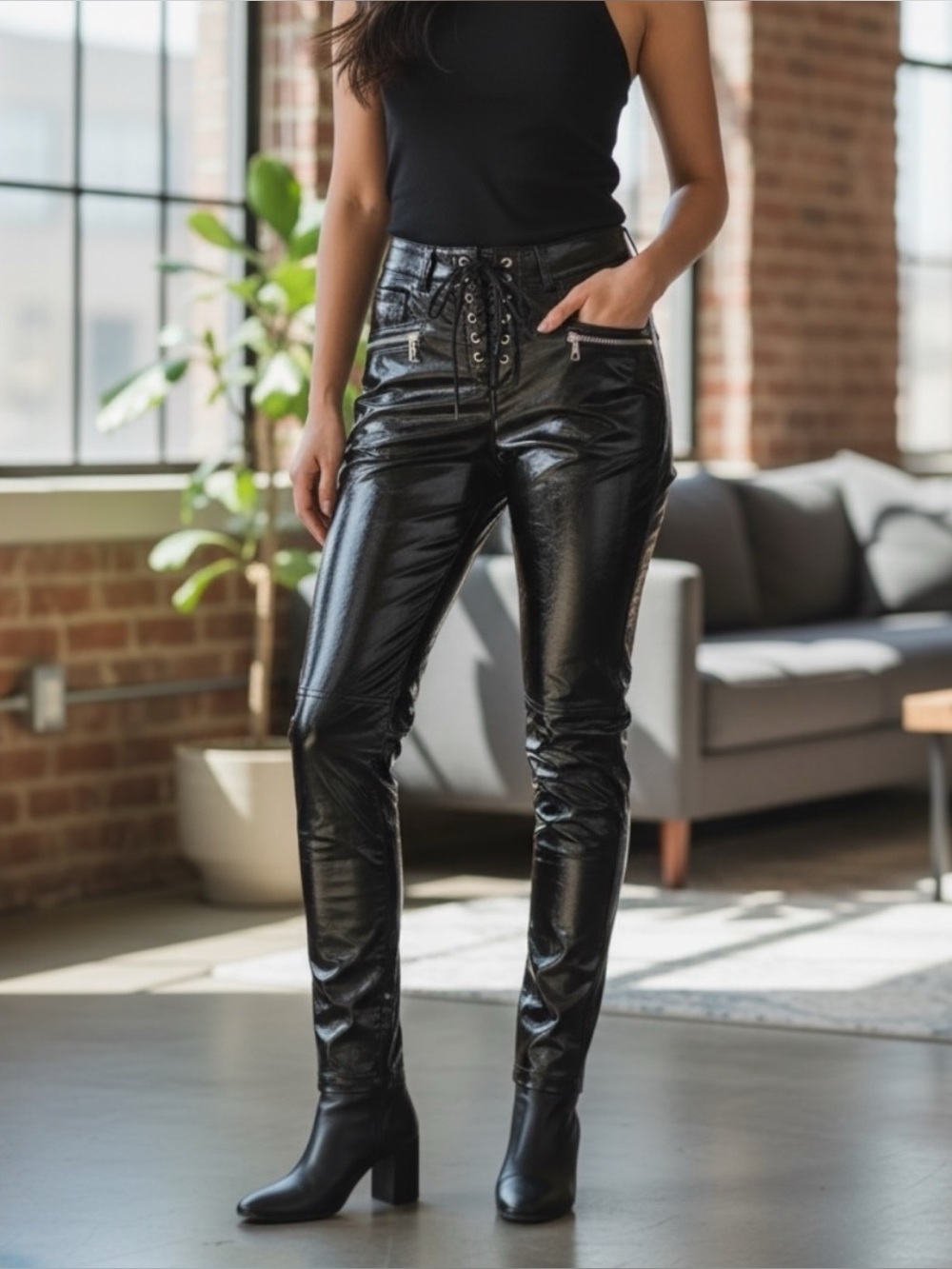 BEN TAVERNITI UNRAVEL PROJECT Vegan Leather Lace-Up Pants Black SZ 25 NWT $675